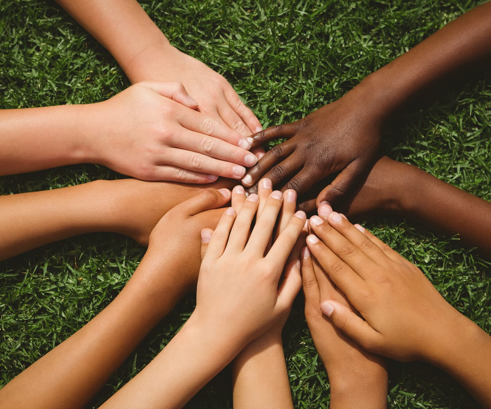 Närbild på händer med olika hudfärg som sträcks in mot mitten av bilden